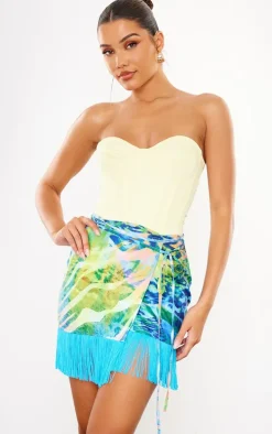 Multi Abstract Print Tassel Hem Wrap Mini Skirt