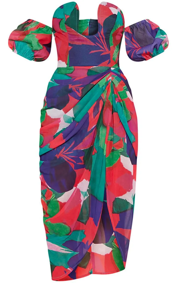 Abstract Print Wire Detail Puff Sleeve Draped Midi Dress-PrettyLittleThing Clearance