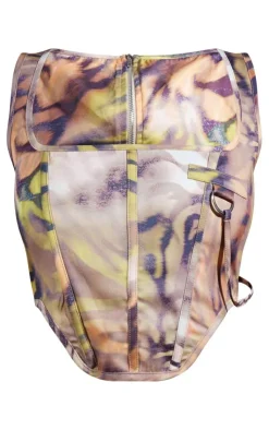 Hot PrettyLittleThing Abstract Printed Boned Corset Multi