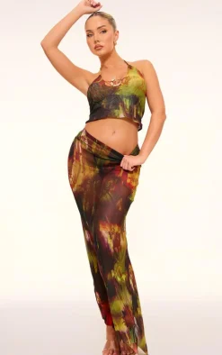 Clearance PrettyLittleThing Abstract Printed Mesh Ruffle Midaxi Skirt Multi