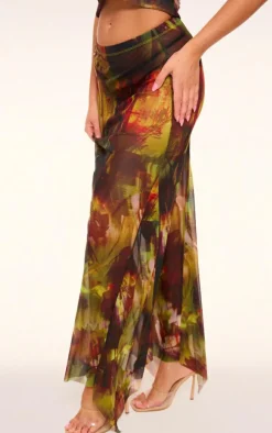 Clearance PrettyLittleThing Abstract Printed Mesh Ruffle Midaxi Skirt Multi