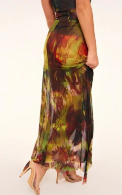 Clearance PrettyLittleThing Abstract Printed Mesh Ruffle Midaxi Skirt Multi