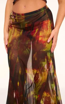 Clearance PrettyLittleThing Abstract Printed Mesh Ruffle Midaxi Skirt Multi