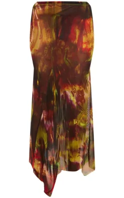 Clearance PrettyLittleThing Abstract Printed Mesh Ruffle Midaxi Skirt Multi