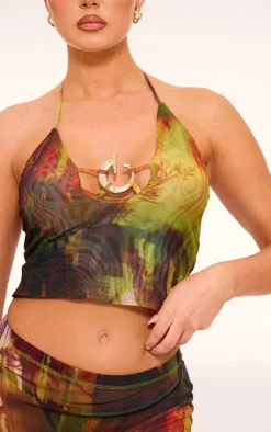 Sale PrettyLittleThing Abstract Printed Mesh Halterneck Metal Detail Top Multi