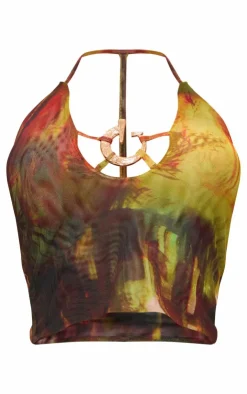 Sale PrettyLittleThing Abstract Printed Mesh Halterneck Metal Detail Top Multi