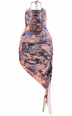 Abstract Printed Slinky Halterneck Cut Out Maxi Dress-PrettyLittleThing Online