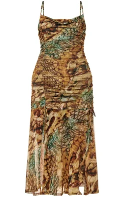 Abstract Snake Print Double Layer Mesh Cowl Midi Dress-PrettyLittleThing Hot