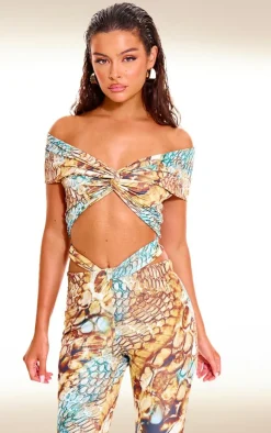New PrettyLittleThing Abstract Snake Print Double Layer Slinky Twist Crop Top Multi