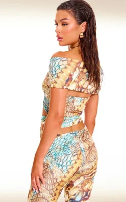 New PrettyLittleThing Abstract Snake Print Double Layer Slinky Twist Crop Top Multi