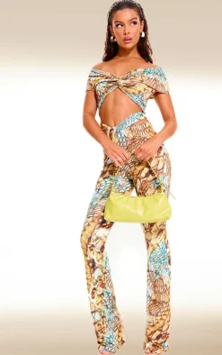 New PrettyLittleThing Abstract Snake Print Double Layer Slinky Twist Crop Top Multi
