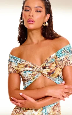 New PrettyLittleThing Abstract Snake Print Double Layer Slinky Twist Crop Top Multi