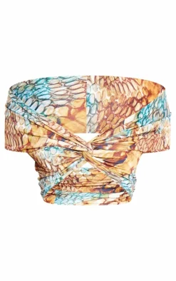 New PrettyLittleThing Abstract Snake Print Double Layer Slinky Twist Crop Top Multi