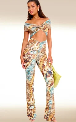 Online PrettyLittleThing Abstract Snake Print Double Layer Slinky Twist Flare Pants Multi