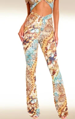 Online PrettyLittleThing Abstract Snake Print Double Layer Slinky Twist Flare Pants Multi