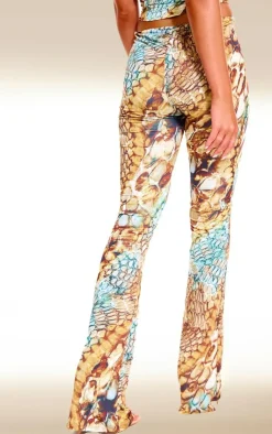 Online PrettyLittleThing Abstract Snake Print Double Layer Slinky Twist Flare Pants Multi