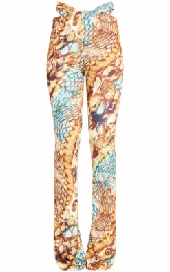 Online PrettyLittleThing Abstract Snake Print Double Layer Slinky Twist Flare Pants Multi