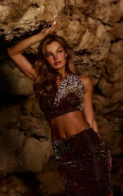 PrettyLittleThing Animal Print Devore Cowl Halterneck Crop Top Multi