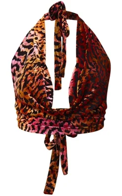 PrettyLittleThing Animal Print Devore Cowl Halterneck Crop Top Multi