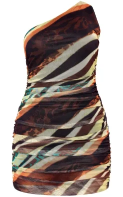 Animal Print Mesh One Shoulder Asymmetric Bodycon Dress-PrettyLittleThing New