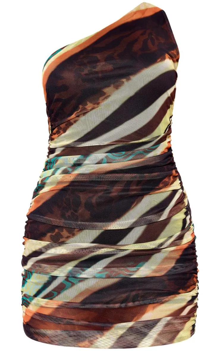 Animal Print Mesh One Shoulder Asymmetric Bodycon Dress-PrettyLittleThing New