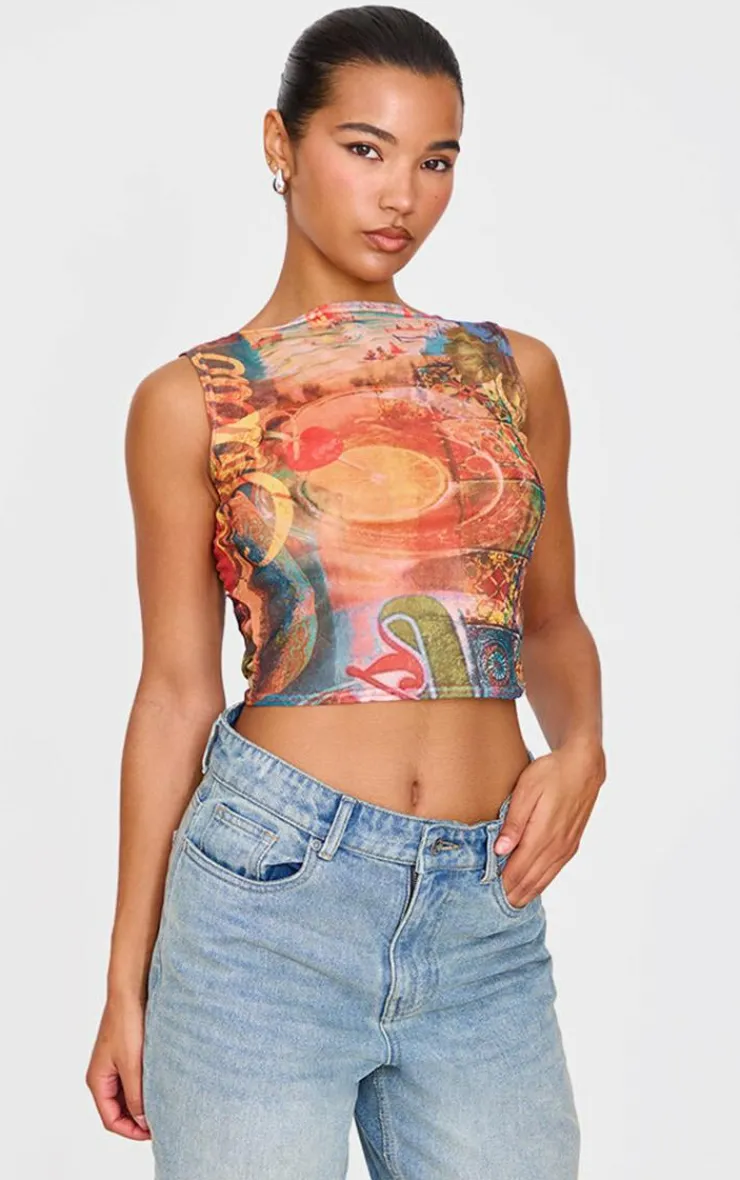 Bar Printed Mesh Boat Neck Top-PrettyLittleThing Sale