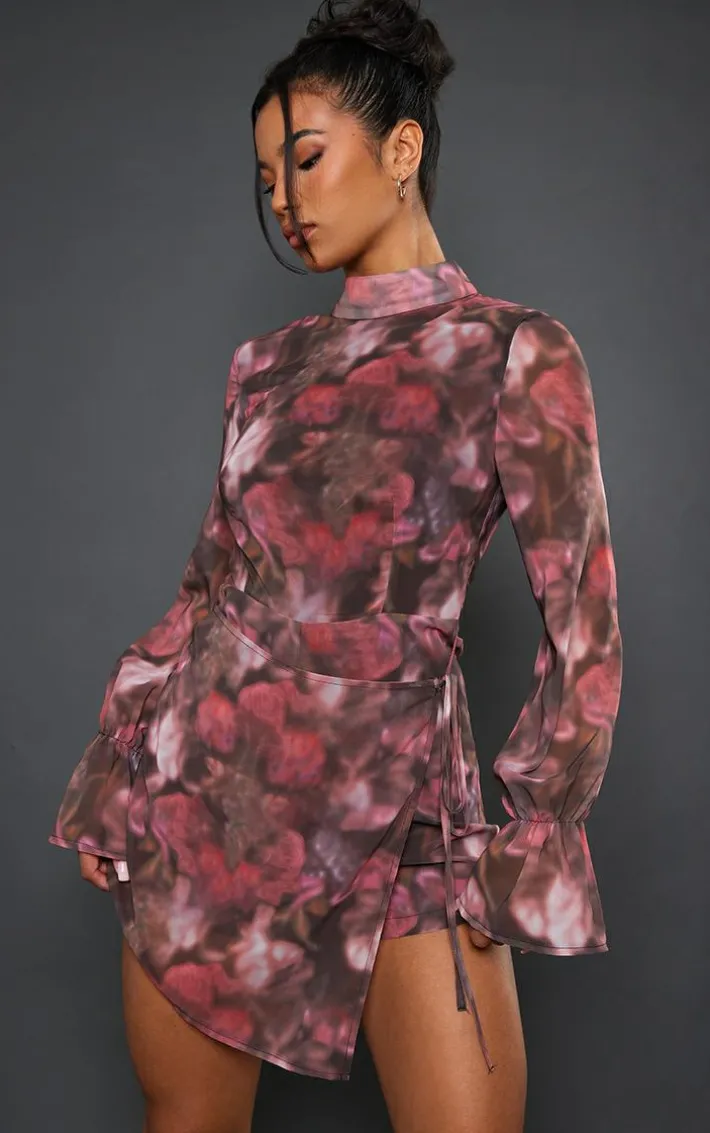 Multi Blurred Floral Print Chiffon Wrap Detail Romper