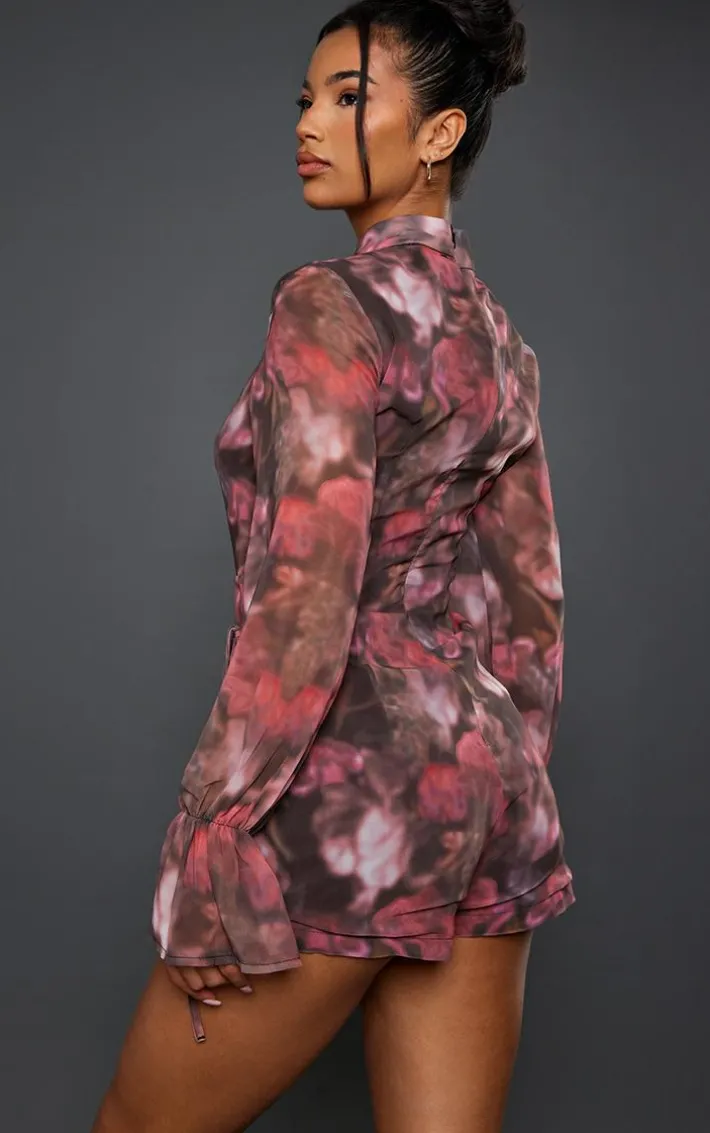 Multi Blurred Floral Print Chiffon Wrap Detail Romper