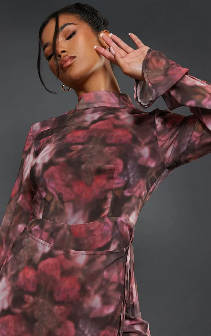 Multi Blurred Floral Print Chiffon Wrap Detail Romper