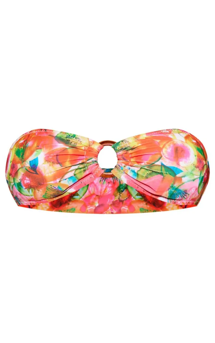 Multi Blurred Fruit Print O Ring Bandeau Bikini Top