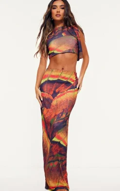 Clearance PrettyLittleThing Butterfly Printed Onion Skin Knot Drape Crop Top Multi