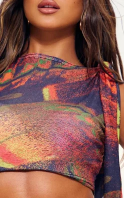 Clearance PrettyLittleThing Butterfly Printed Onion Skin Knot Drape Crop Top Multi