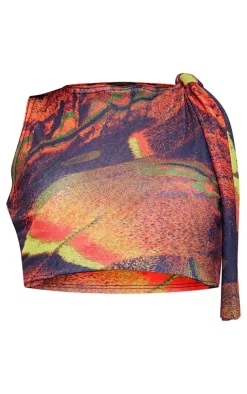 Clearance PrettyLittleThing Butterfly Printed Onion Skin Knot Drape Crop Top Multi