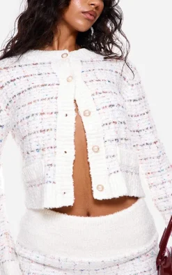 New PrettyLittleThing Contrast Boucle Knit Button Up Cardigan Multi