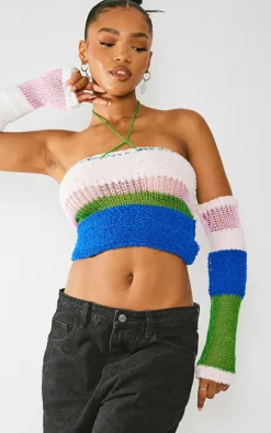 PrettyLittleThing Knitted Tops*Contrast Mixed Knit Bandeau Top & Sleeves