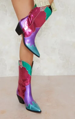 PrettyLittleThing Block Heels*Faux Leather Bright Metallic Block Heeled Western Calf Boots