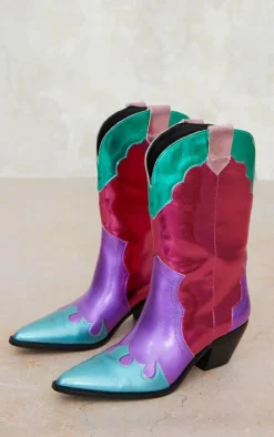 PrettyLittleThing Block Heels*Faux Leather Bright Metallic Block Heeled Western Calf Boots
