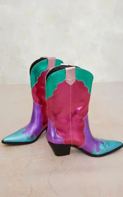 PrettyLittleThing Block Heels*Faux Leather Bright Metallic Block Heeled Western Calf Boots