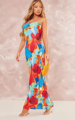 Floral Abstract Print Plisse Bandeau Cowl Back Maxi Dress-PrettyLittleThing Outlet