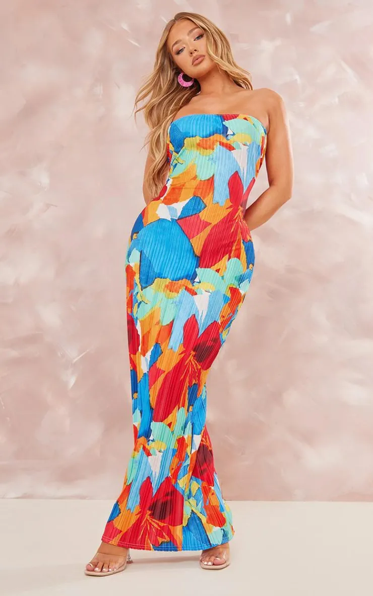 Floral Abstract Print Plisse Bandeau Cowl Back Maxi Dress-PrettyLittleThing Outlet