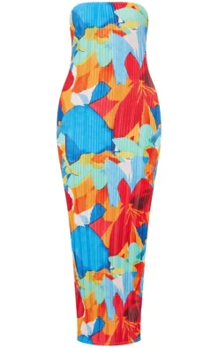 Floral Abstract Print Plisse Bandeau Cowl Back Maxi Dress-PrettyLittleThing Outlet