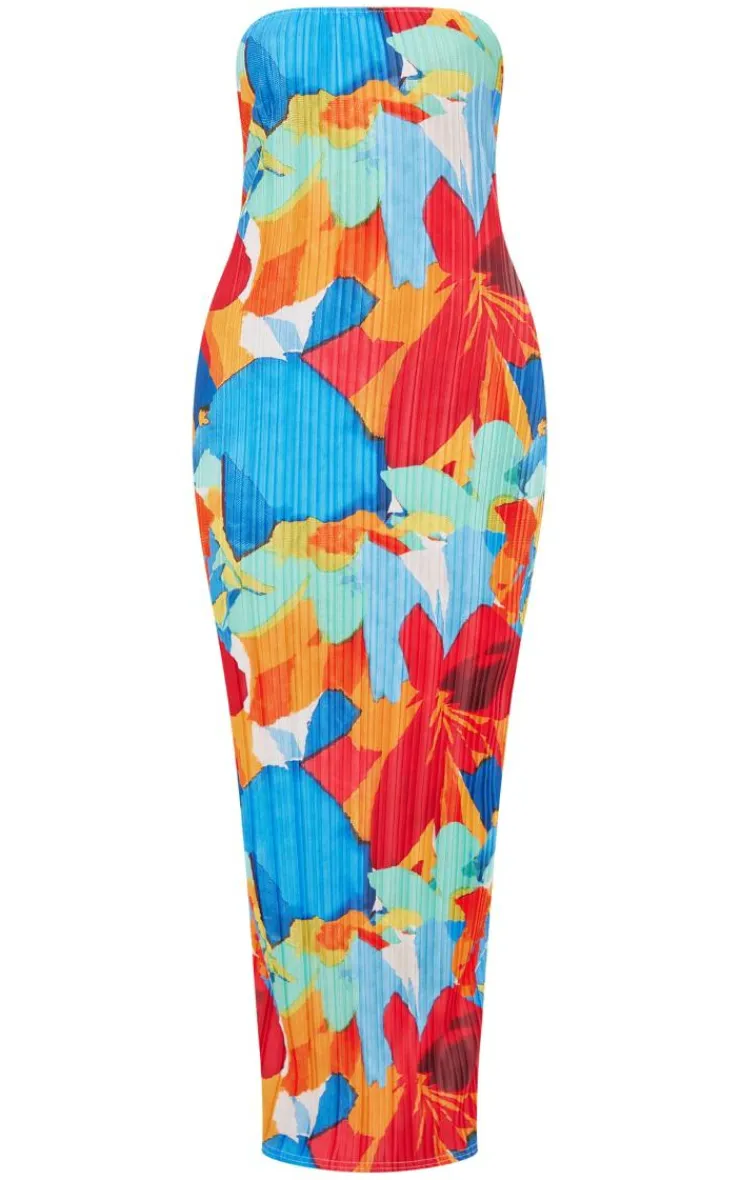 Floral Abstract Print Plisse Bandeau Cowl Back Maxi Dress-PrettyLittleThing Outlet