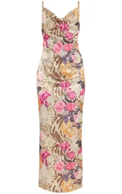 Floral Animal Printed Satin Cowl Neck Maxi Dress-PrettyLittleThing Online