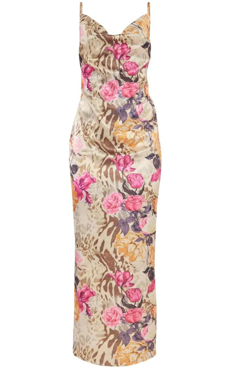 Floral Animal Printed Satin Cowl Neck Maxi Dress-PrettyLittleThing Online