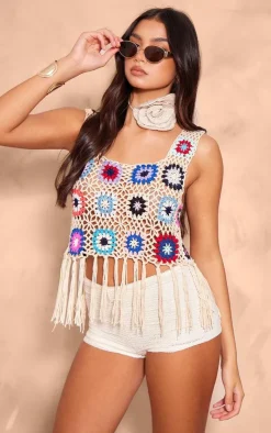 PrettyLittleThing Knitted Tops*Floral Crochet Knit Crop Top