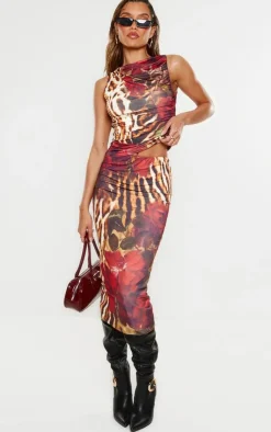 Hot PrettyLittleThing Floral Leopard Printed Double Layer Slinky Midaxi Skirt Multi