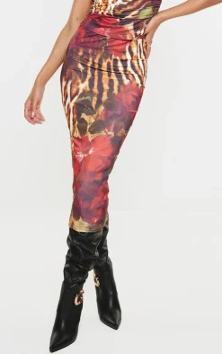 Hot PrettyLittleThing Floral Leopard Printed Double Layer Slinky Midaxi Skirt Multi