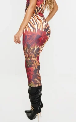 Hot PrettyLittleThing Floral Leopard Printed Double Layer Slinky Midaxi Skirt Multi