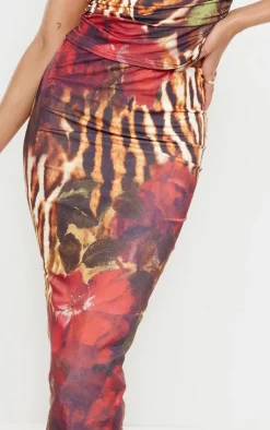 Hot PrettyLittleThing Floral Leopard Printed Double Layer Slinky Midaxi Skirt Multi