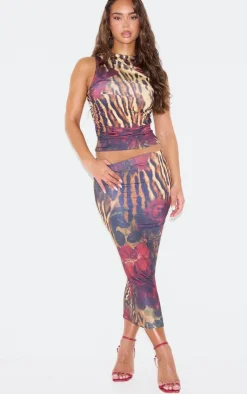 Online PrettyLittleThing Floral Leopard Printed Double Layer Slinky Crop Top Multi